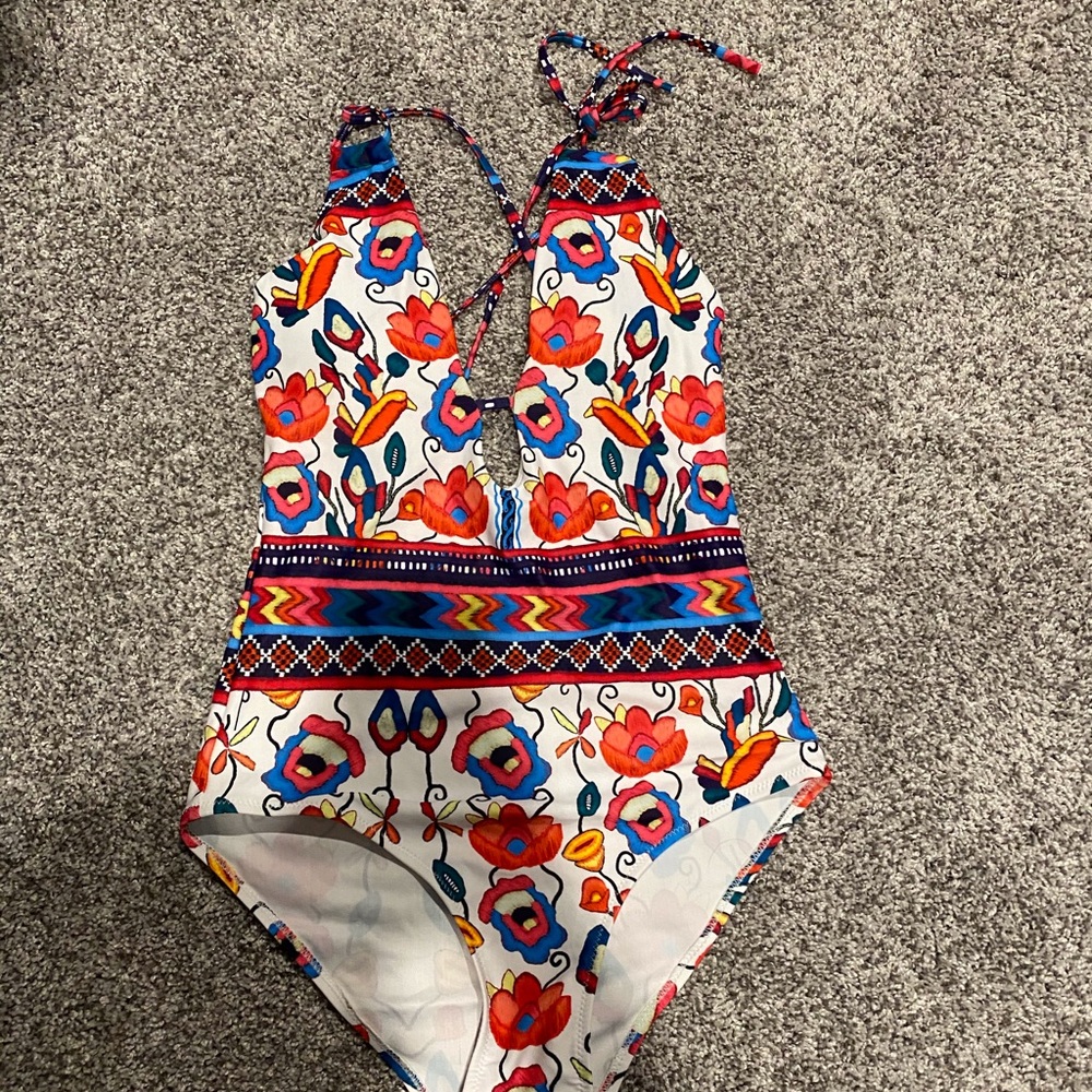 White multicolor floral one piece swimsuit